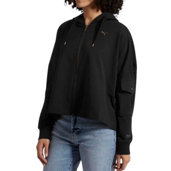 PUMA Fusion Black Cropped Hoodie Zip Up Sweatshirt Sz S Athleisure Streetwear - Picture 1 of 11